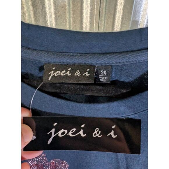 NWT Joei & i ROSE RHINESTONE LONG SLEEVE T-SHIRT Navy Blue Cotton Size 2X - Picture 3 of 6